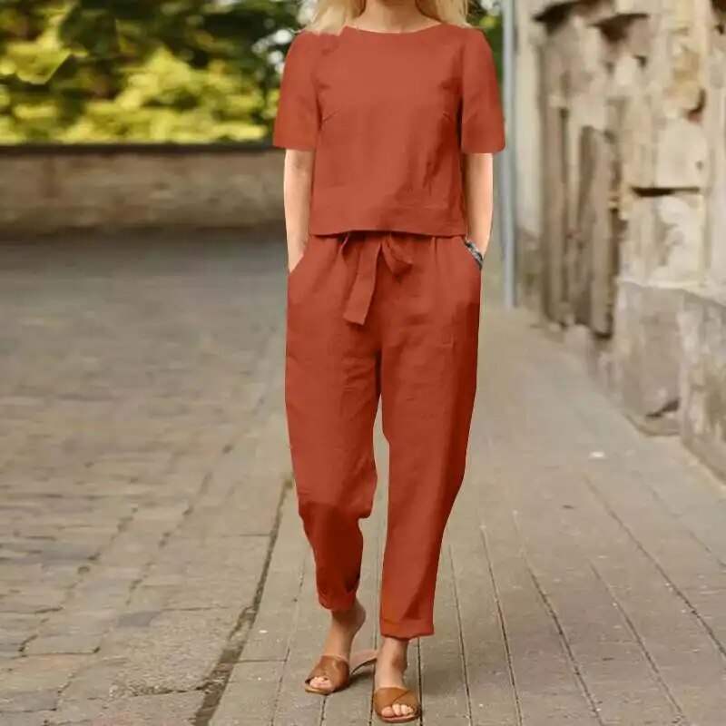 Lavinque Outfit set Rouge / S Ensemble Décontracté Femme | Lin Mélangé | Léger et Élégant