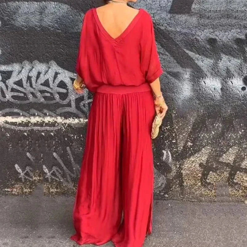 Lavinque outfit set Rouge / S Ensemble fluide blouse et pantalon | Ensemble | Élégance et confort sophistiqué