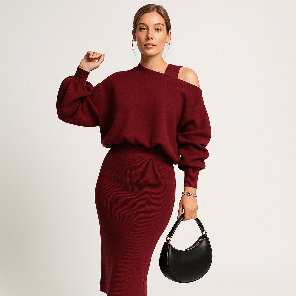 Lavinque Outfit set Rouge / S Ensemble Jupe & Pull Bordeaux | Asymétrique & Confort Chic