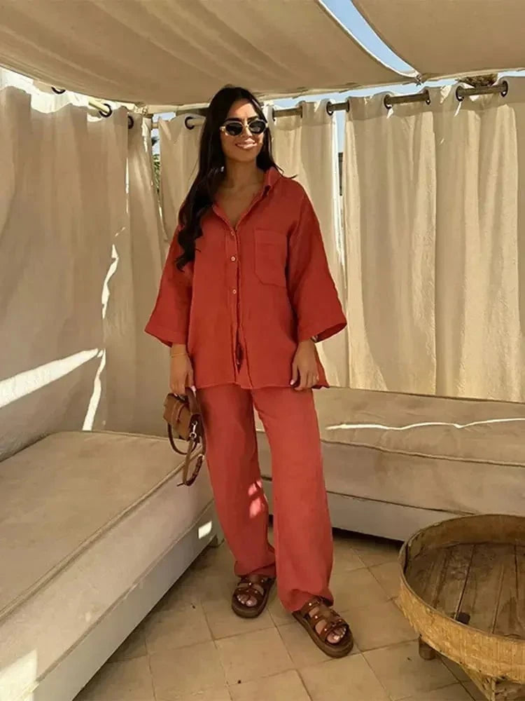 Lavinque outfit set Rouge / S Ensemble Lin Chemise & Pantalon | Chic | Léger et Confortable