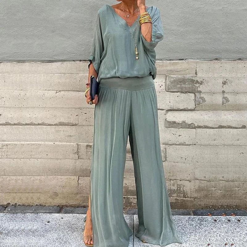 Lavinque outfit set Vert Clair / S Ensemble fluide blouse et pantalon | Ensemble | Élégance et confort sophistiqué