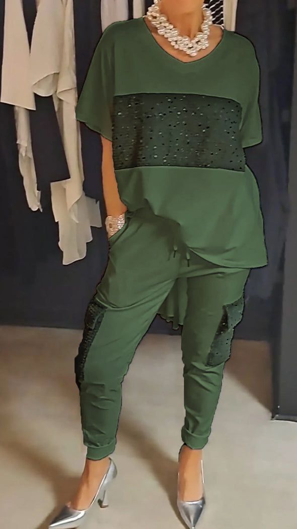 Lavinque outfit set Vert foncé / S Ensemble Décontracté Chic avec Détails Strass | Confort & Élégance | Style Tendance