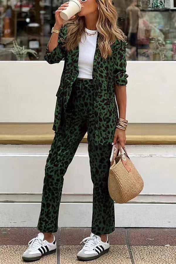Lavinque outfit set Vert / S Ensemble Blazer et Pantalon Imprimé Léopard | Chic | Élégance et Confort