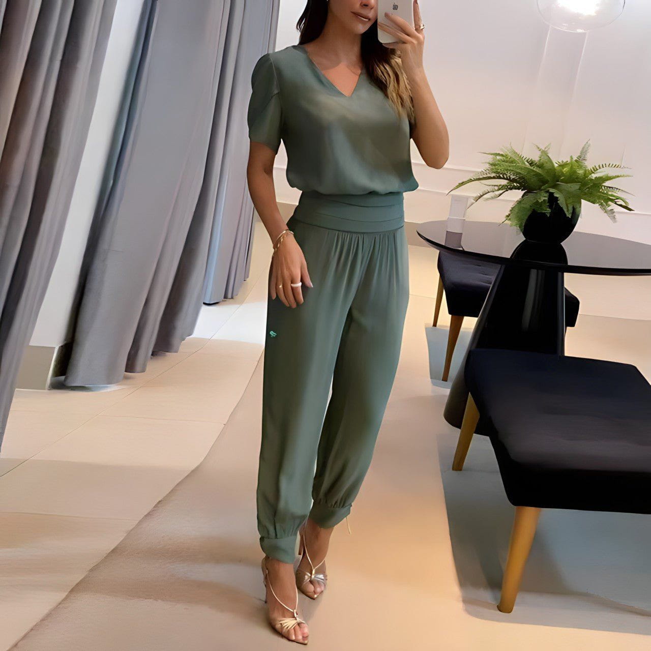 Lavinque outfit set Vert / S Ensemble Chic Femme | Haut Court et Pantalon Large | Élégance et Modernité