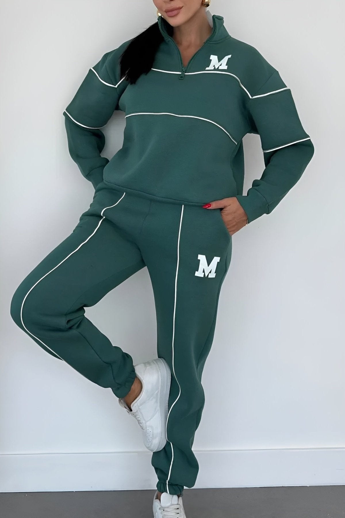 Lavinque Outfit set Vert / S Ensemble de Jogging Vert Foncé | Col Zippé & Lettrage M | Sportif et Stylé