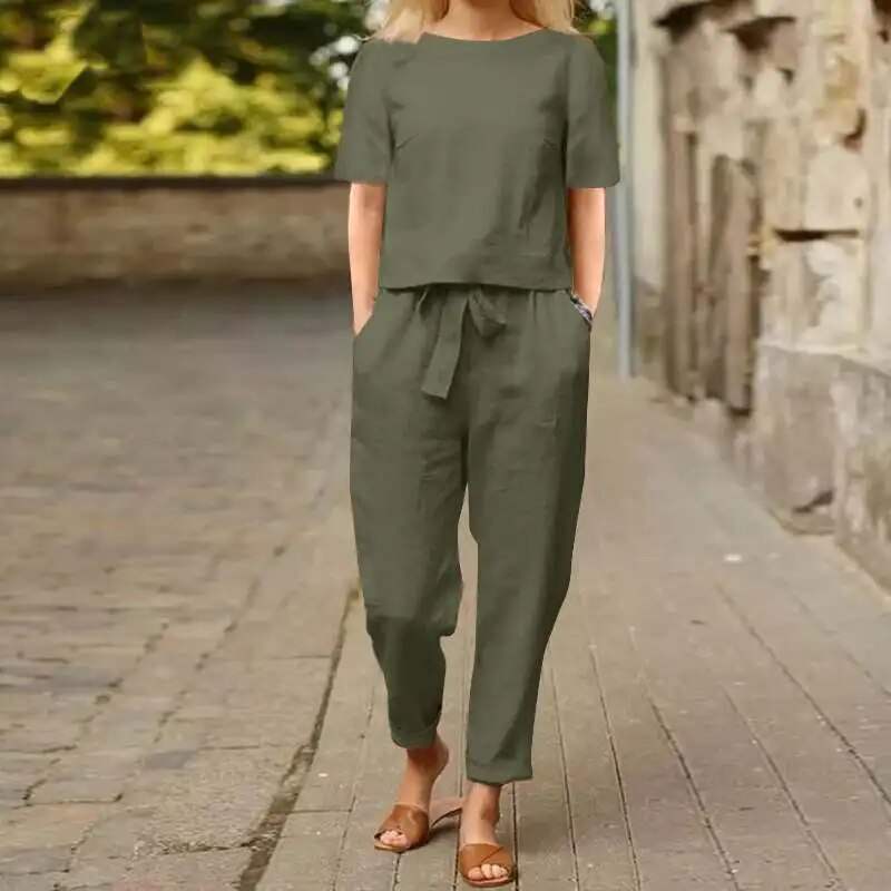 Lavinque Outfit set Vert / S Ensemble Décontracté Femme | Lin Mélangé | Léger et Élégant