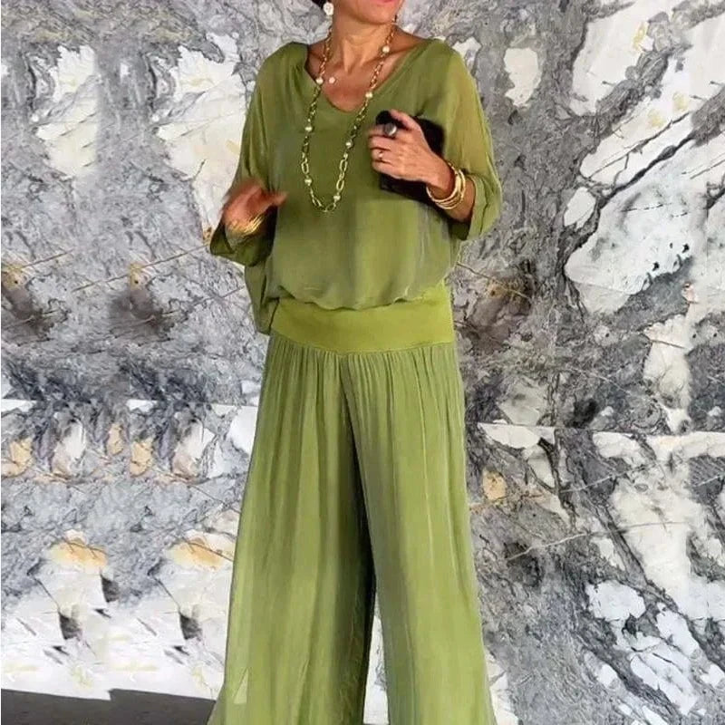 Lavinque outfit set Vert / S Ensemble fluide blouse et pantalon | Ensemble | Élégance et confort sophistiqué