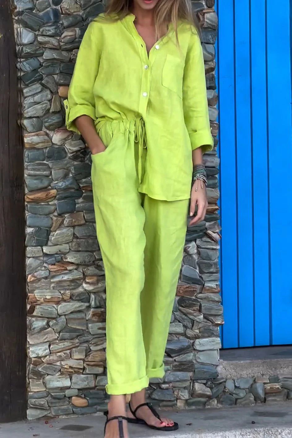Lavinque outfit set Vert / S Ensemble Lin Femme | Chemise et Pantalon | Léger et Élégant