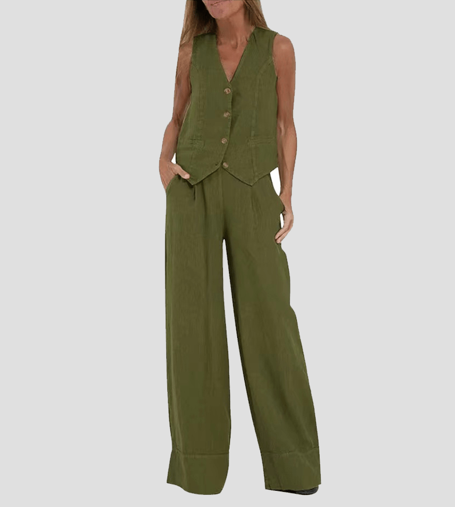 Lavinque outfit set Vert / S Ensemble Lin Gilet et Pantalon Large | Élégant | Léger et Tendance