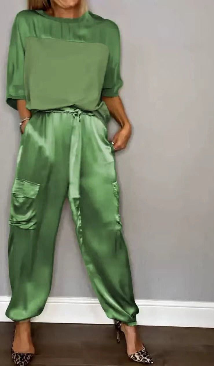 Lavinque Outfit set Vert / S Ensemble Satiné Élégant | Champagne Doré | Brillance et Raffinement