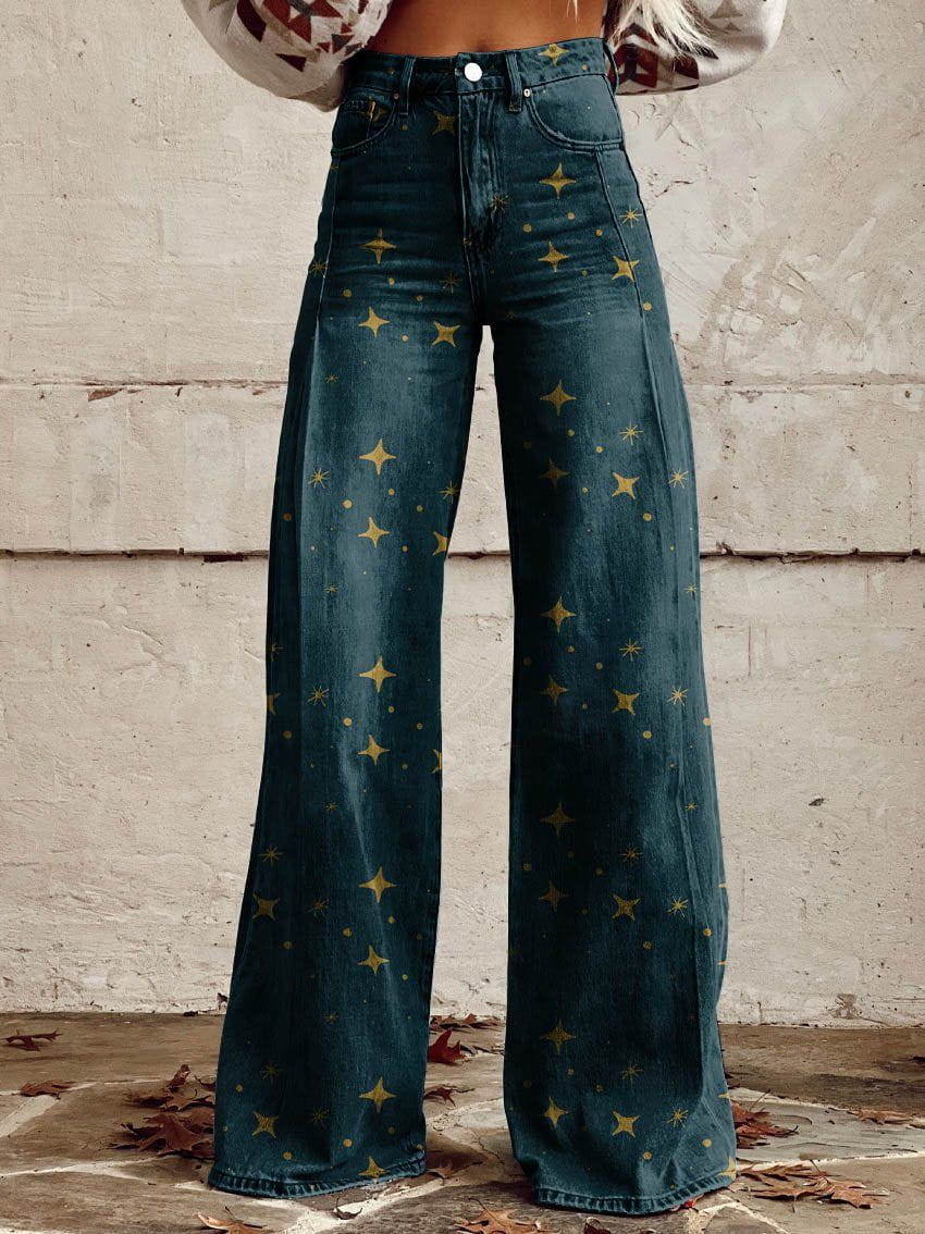 Lavinque Pants Bleu denim / S Jean Évasé Vintage | Taille Haute | Motif Étoilé