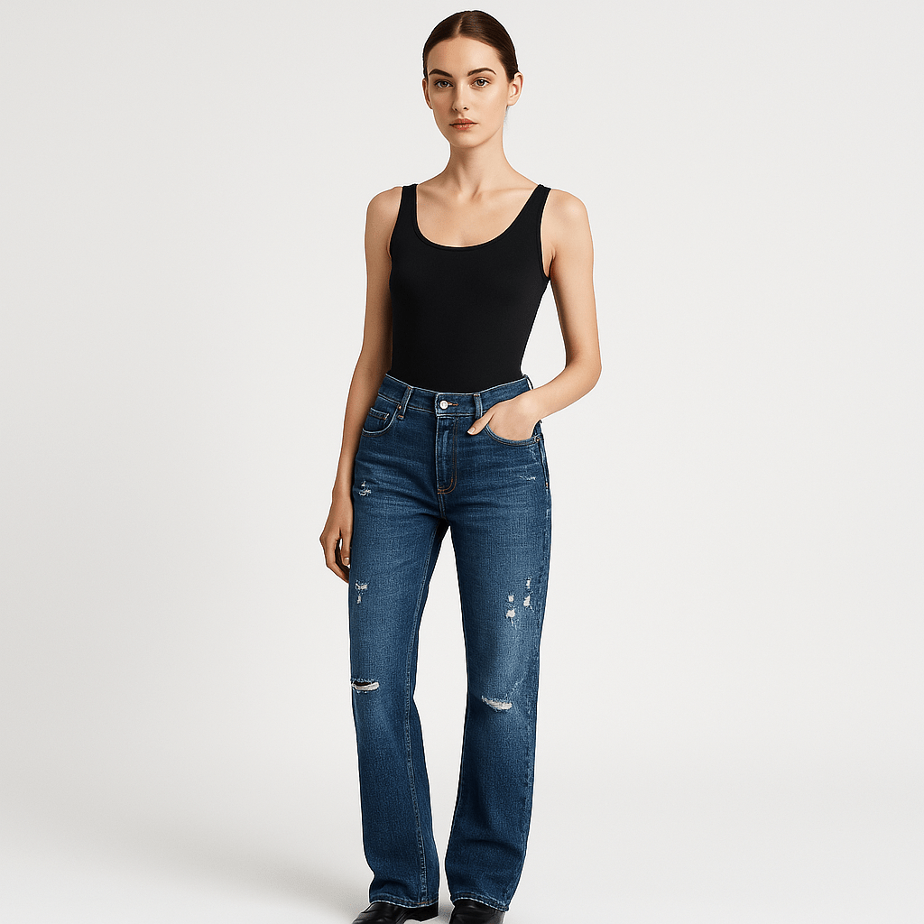 Lavinque Pants Bleu foncé / S Jean Droit Usé | Denim Déchiré | Taille Mi-Haute