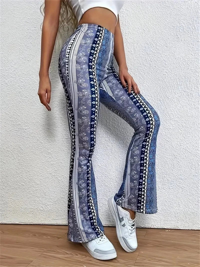 Lavinque Pants Bleu / S Pantalon Flare Femme | Velours & Imprimé Bohème | Look Rétro Chic