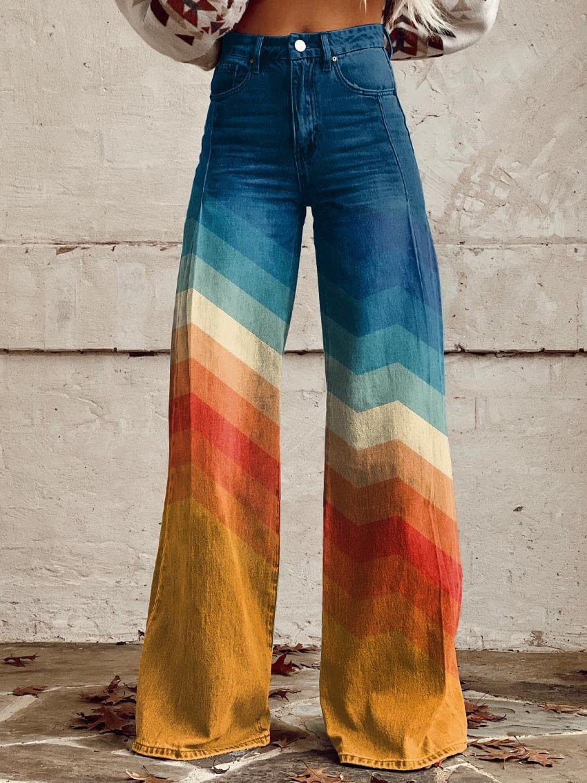 Lavinque Pants Couleur Mixte / S Pantalon Évasé Dégradé | Motif Chevron Arc-en-Ciel | Vintage et Lumineux