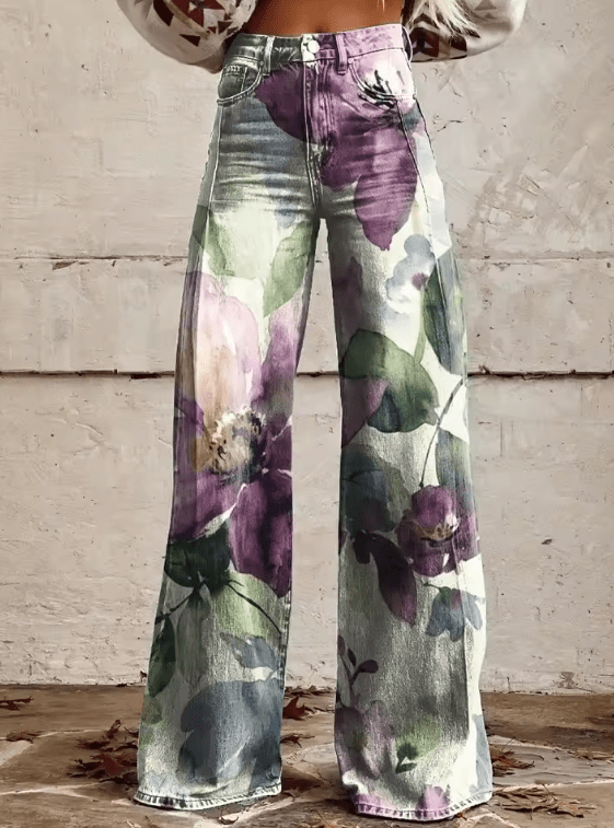 Lavinque Pants Couleur mixte / S Pantalon évasé imprimé floral | Vert et violet | Élégance bohème et fluidité