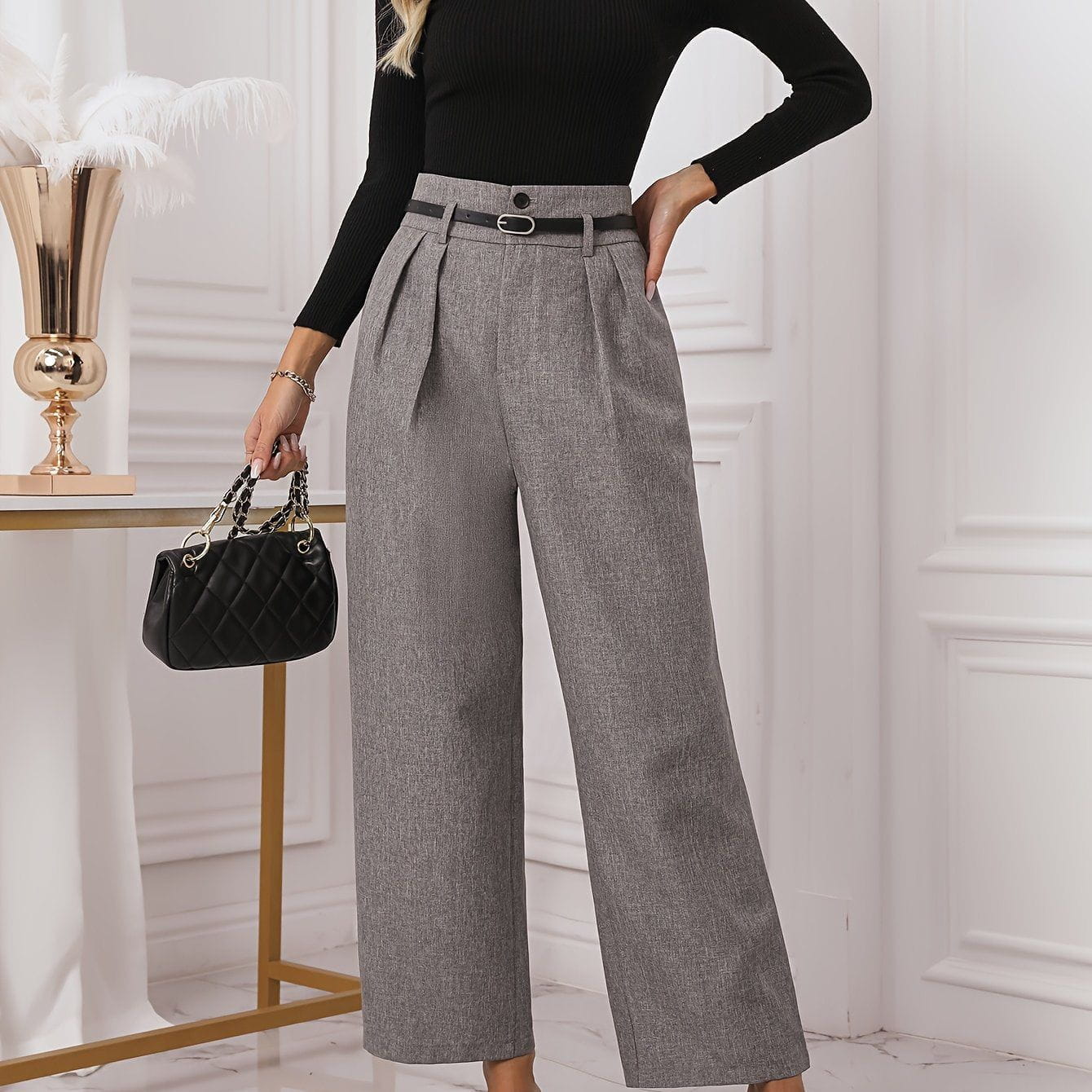 Lavinque Pants Gris / S Pantalon à Pinces Gris | Ceinture Nœud | Élégant et Polyvalent