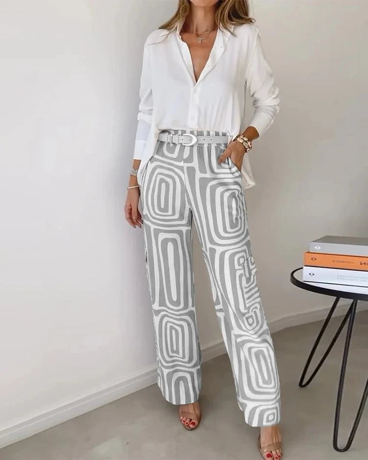 Lavinque Pants Gris / S Pantalon Fluide à Motif Graphique | Tons Neutres | Chic et Audacieux