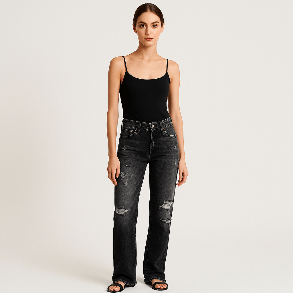 Lavinque Pants Jean Droit Usé | Denim Déchiré | Taille Mi-Haute