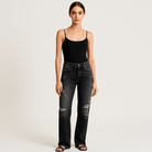 Lavinque Pants Jean Droit Usé | Denim Déchiré | Taille Mi-Haute