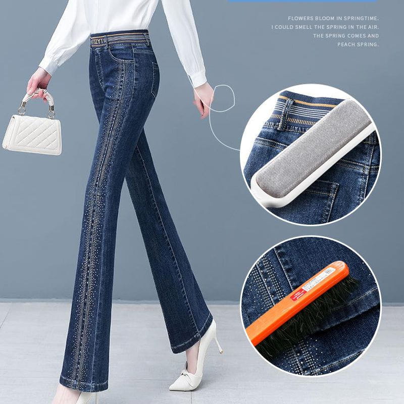 Lavinque Pants Jean Évasé | Bleu Denim | Taille Haute avec Détails Brillants