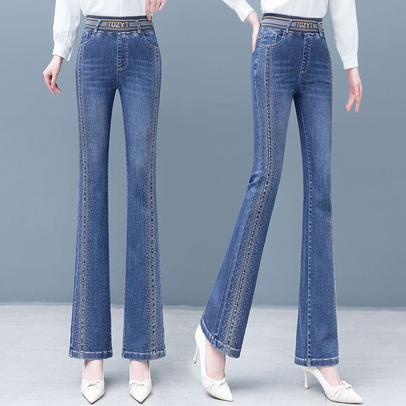 Lavinque Pants Jean Évasé | Bleu Denim | Taille Haute avec Détails Brillants