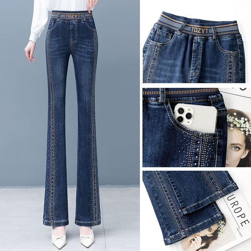 Lavinque Pants Jean Évasé | Bleu Denim | Taille Haute avec Détails Brillants