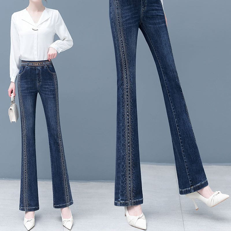 Lavinque Pants Jean Évasé | Bleu Denim | Taille Haute avec Détails Brillants