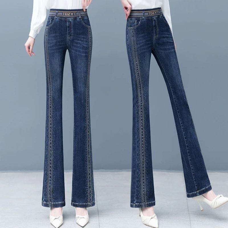 Lavinque Pants Jean Évasé | Bleu Denim | Taille Haute avec Détails Brillants