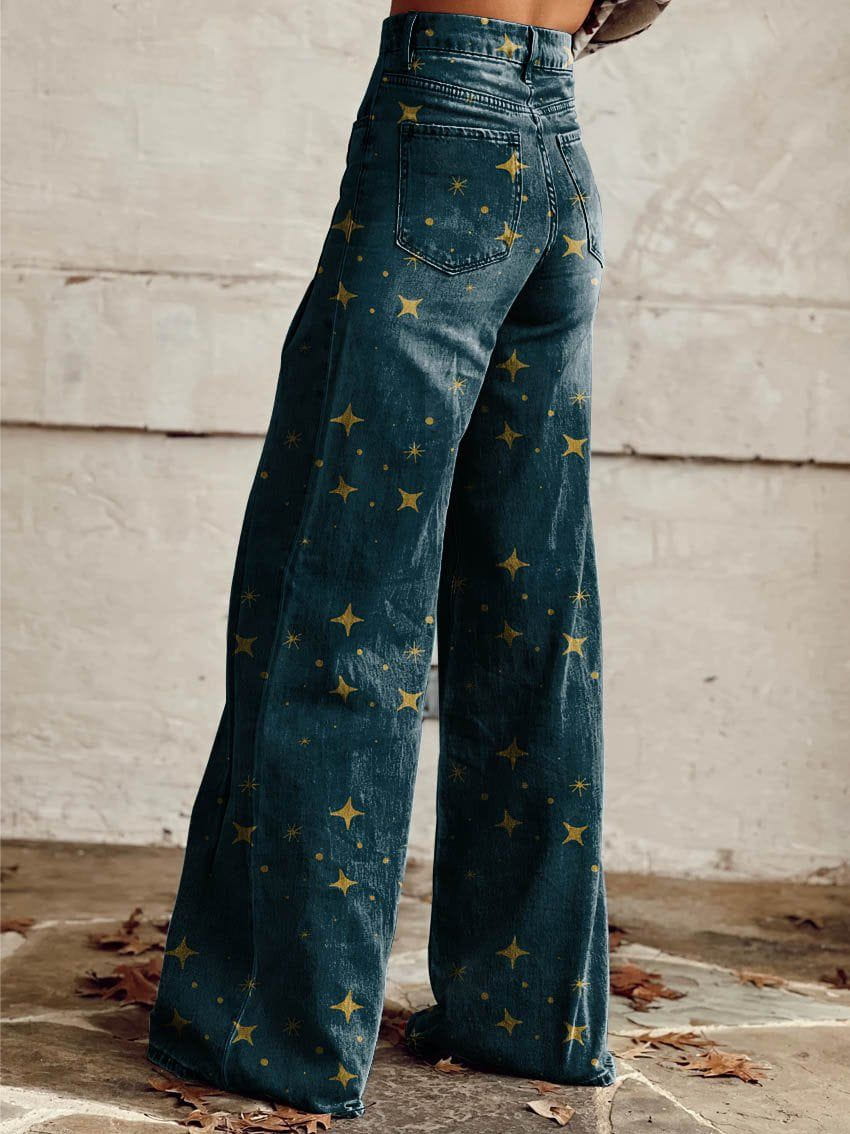 Lavinque Pants Jean Évasé Vintage | Taille Haute | Motif Étoilé