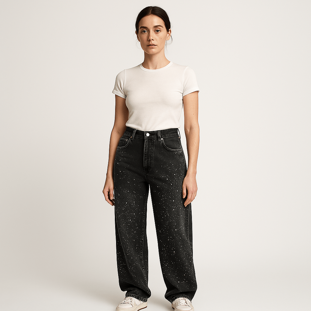 Lavinque Pants Jean Large Noir Détail Brillant | Taille Haute | Confort Tendance Urbain