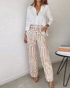 Lavinque Pants Kaki / S Pantalon Fluide à Motif Graphique | Tons Neutres | Chic et Audacieux