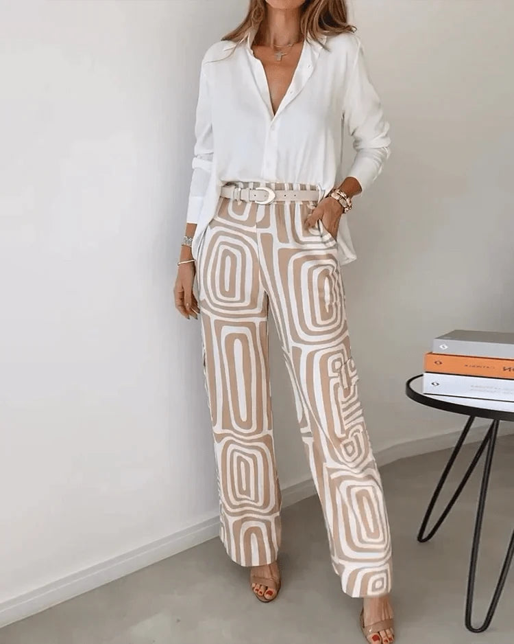 Lavinque Pants Kaki / S Pantalon Fluide à Motif Graphique | Tons Neutres | Chic et Audacieux