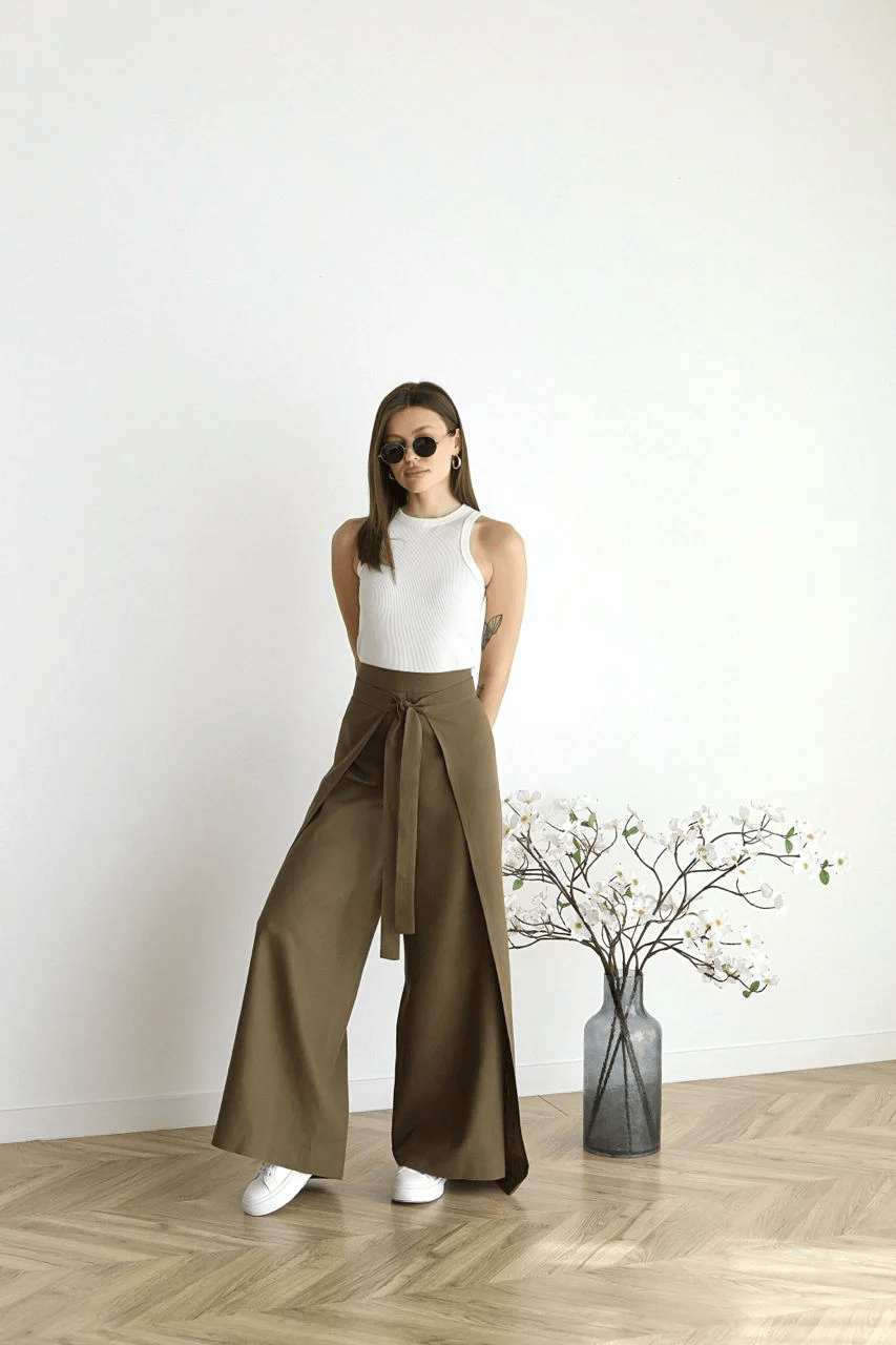 Lavinque Pants Kaki / XS-M Pantalon Large Taille Haute | Élégance & Confort | Style Moderne