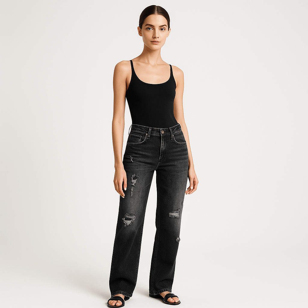 Lavinque Pants Noir / S Jean Droit Usé | Denim Déchiré | Taille Mi-Haute