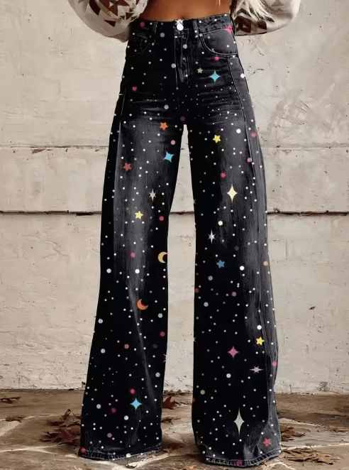 Lavinque Pants Noir / S Jean Évasé | Imprimé Galaxie | Look Audacieux et Tendance