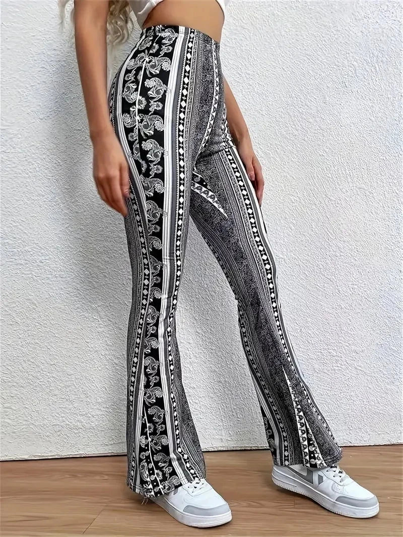 Lavinque Pants Noir / S Pantalon Flare Femme | Velours & Imprimé Bohème | Look Rétro Chic