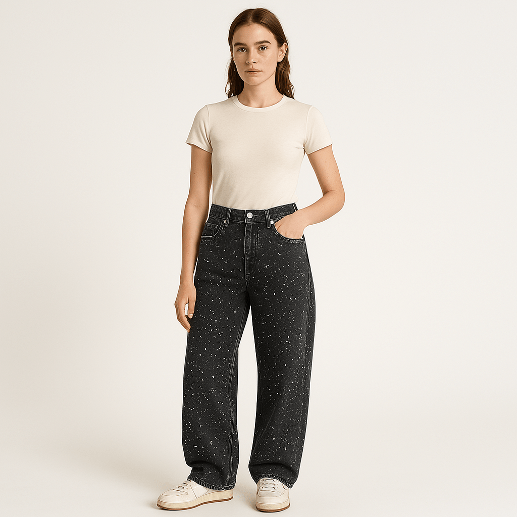 Lavinque Pants Noir / XS Jean Large Noir Détail Brillant | Taille Haute | Confort Tendance Urbain