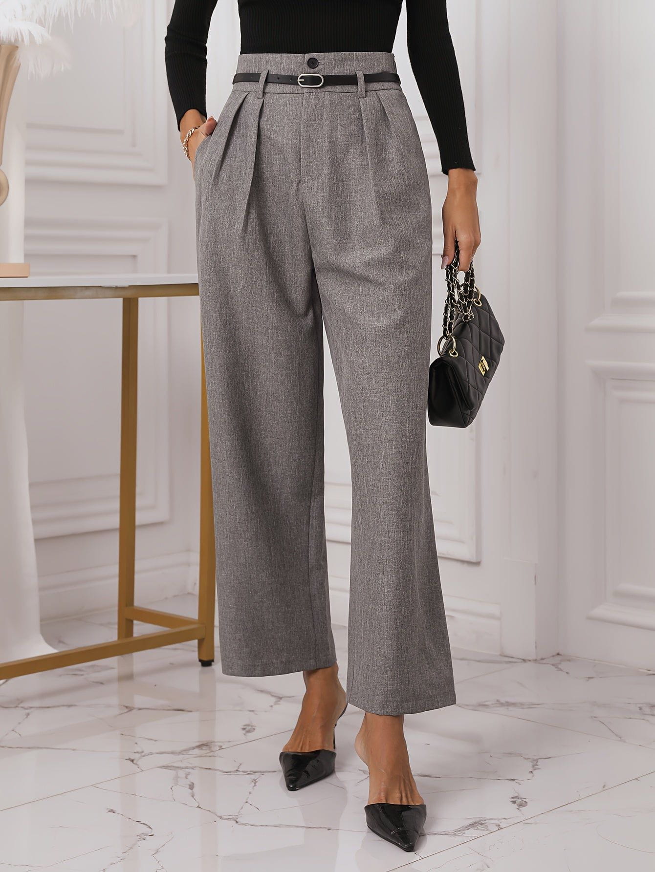 Lavinque Pants Pantalon à Pinces Gris | Ceinture Nœud | Élégant et Polyvalent