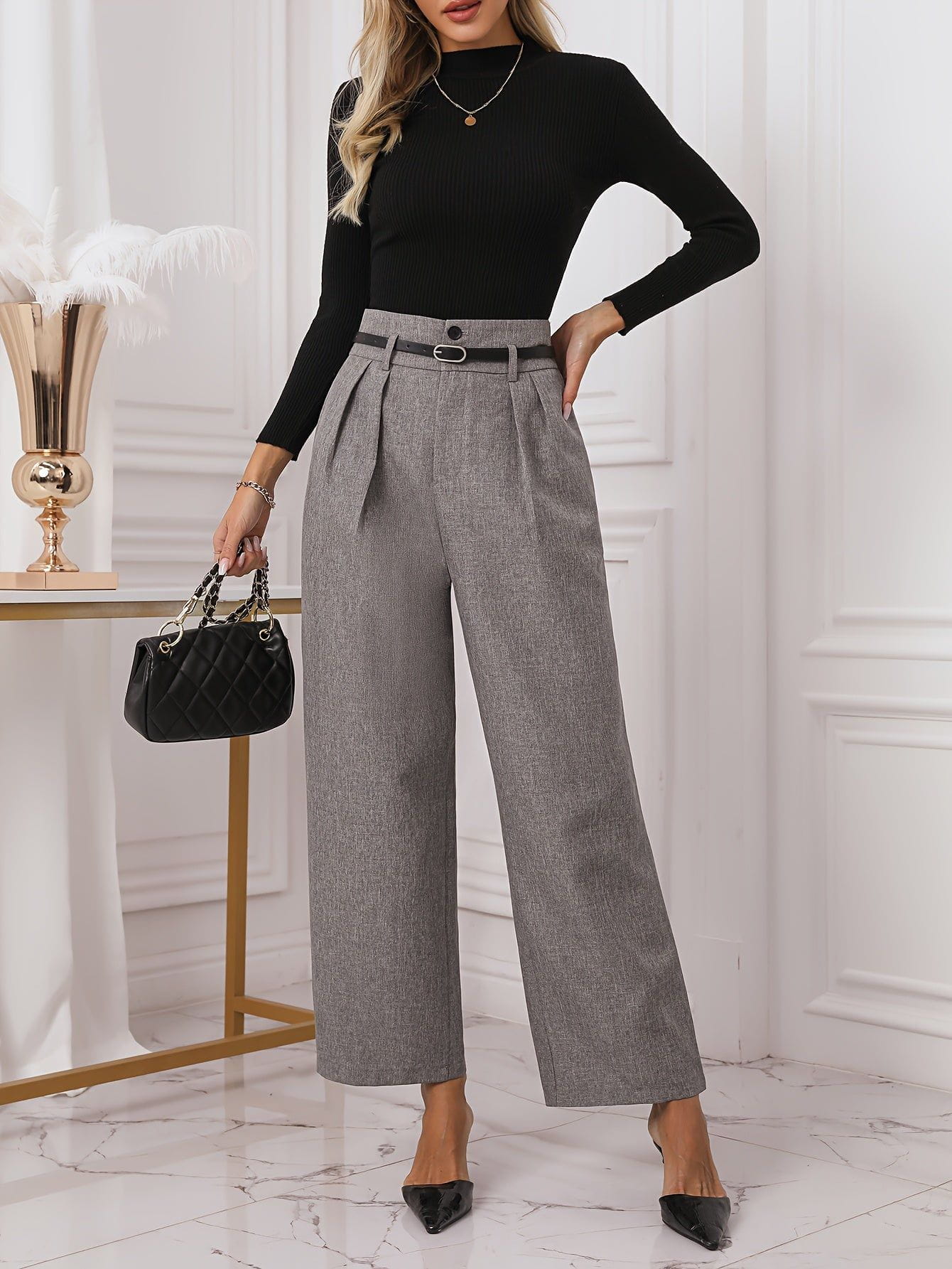 Lavinque Pants Pantalon à Pinces Gris | Ceinture Nœud | Élégant et Polyvalent