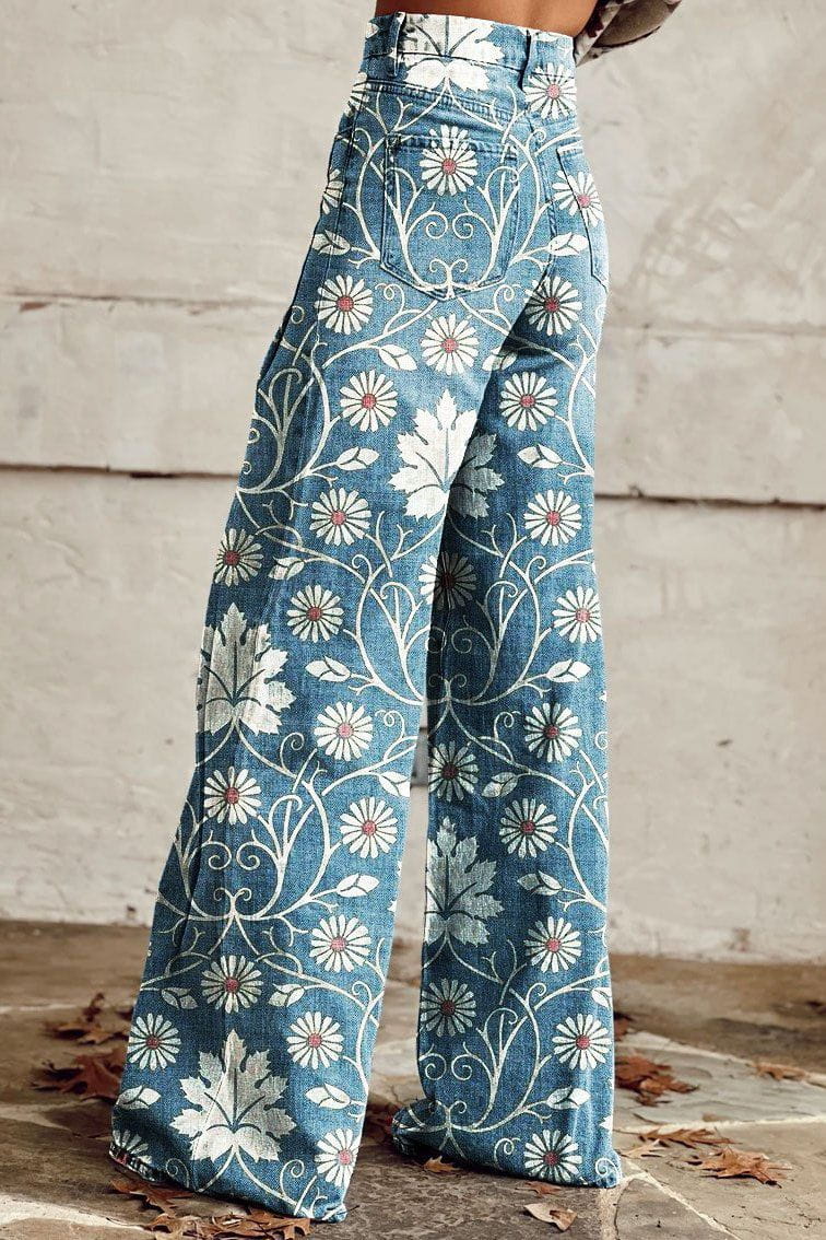Lavinque Pants Pantalon évasé imprimé floral | Bleu | Esprit bohème et rétro