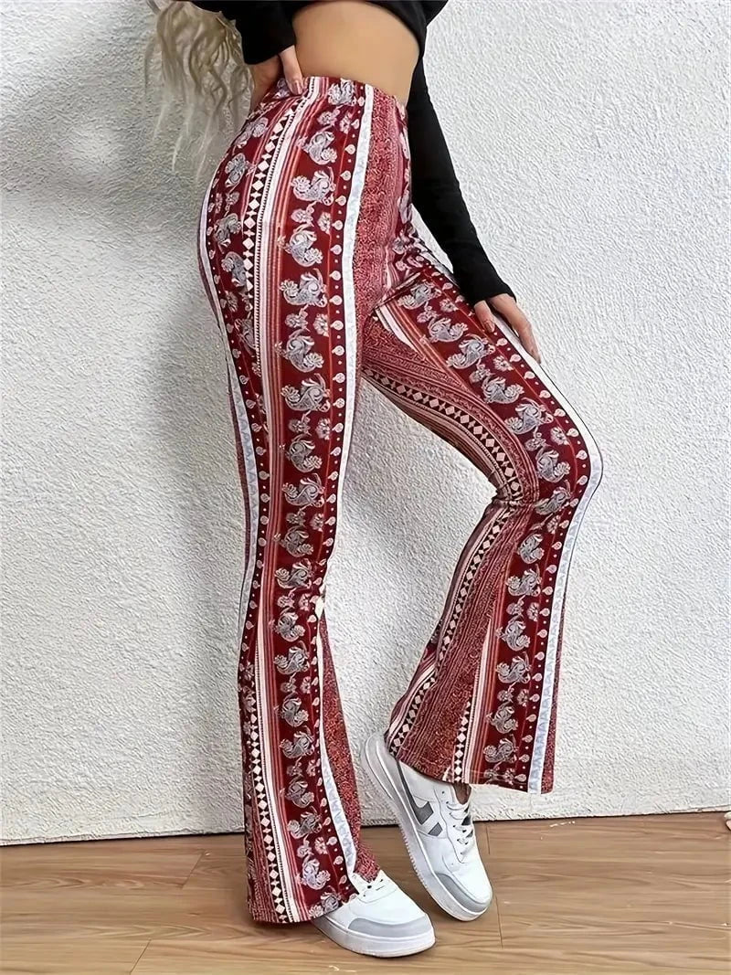 Lavinque Pants Pantalon Flare Femme | Velours & Imprimé Bohème | Look Rétro Chic