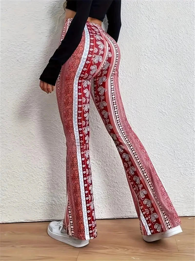 Lavinque Pants Pantalon Flare Femme | Velours & Imprimé Bohème | Look Rétro Chic