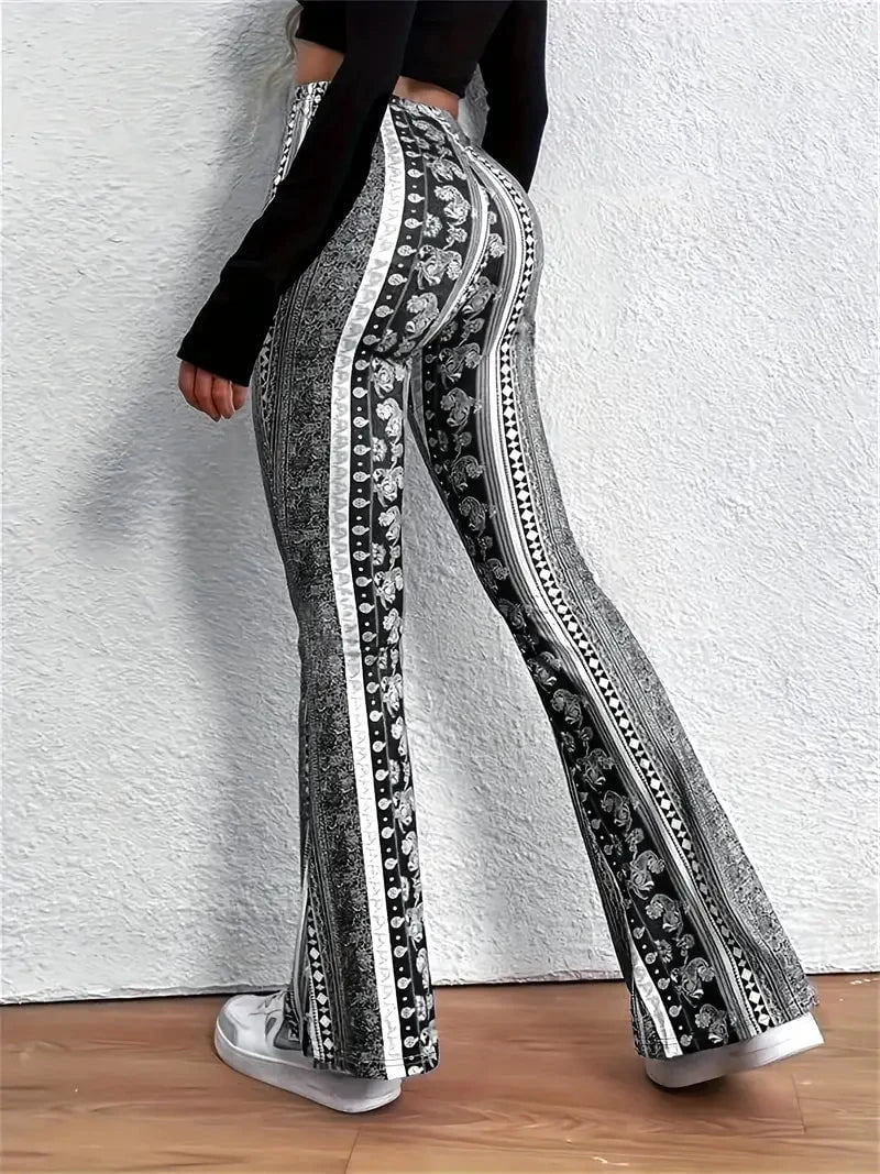 Lavinque Pants Pantalon Flare Femme | Velours & Imprimé Bohème | Look Rétro Chic