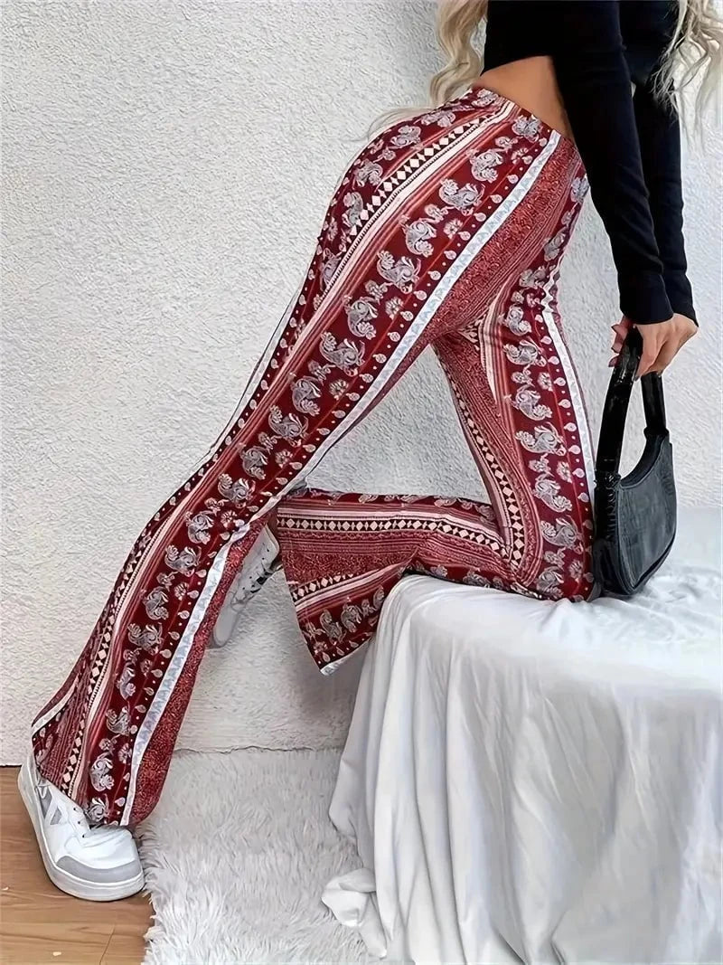 Lavinque Pants Pantalon Flare Femme | Velours & Imprimé Bohème | Look Rétro Chic