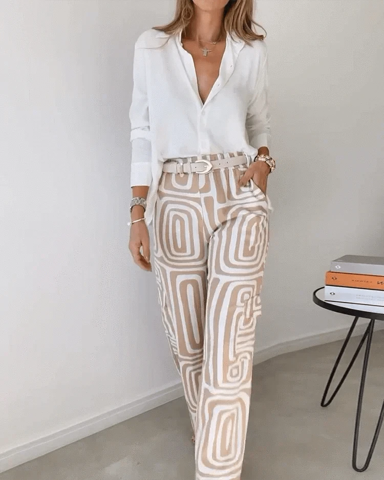 Lavinque Pants Pantalon Fluide à Motif Graphique | Tons Neutres | Chic et Audacieux