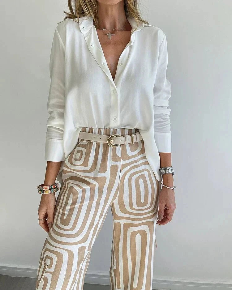 Lavinque Pants Pantalon Fluide à Motif Graphique | Tons Neutres | Chic et Audacieux