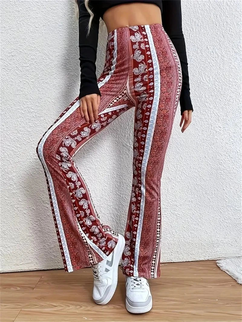 Lavinque Pants Rose / S Pantalon Flare Femme | Velours & Imprimé Bohème | Look Rétro Chic
