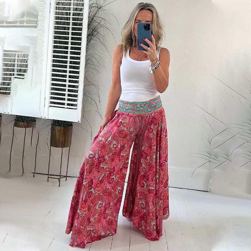 Lavinque Pants Rouge / S Pantalon Large Bohème | Fluide & Confortable | Motif Fleuri Élégant