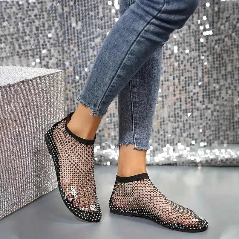 Lavinque Sandals Ballerines Filet Strass | Transparentes et Noires | Tendance et Élégance