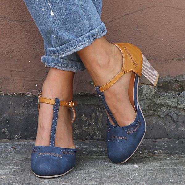 Lavinque Sandals Bleu / 35 Escarpins à Talon Bloc avec Bride en T | Élégance Rétro | Confort & Style
